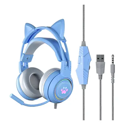 (Blue) Cute cat ears wired over-ear headphones, detachable cat ears, neon effect, 50mm speaker, 