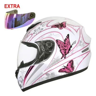 (Pink Butterfly + Iridium Visor, L) ZORAX ZOR-819 Bike Full Face Motorcycle Helmet Motorbike Cra