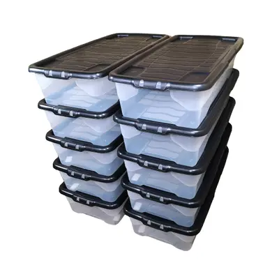 10 x 42L Clear Under Bed Storage Box with Black Lid, Stackable and Nestable Design Storage Solut