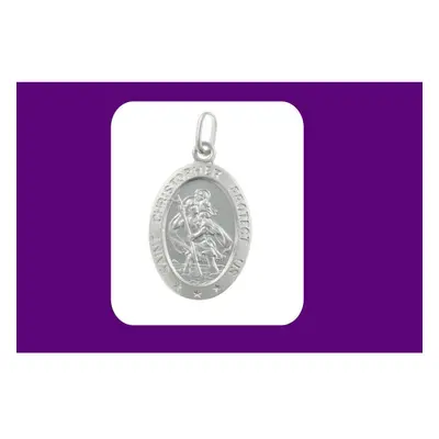 (24" Chain) Oval St Christopher Pendant Silver Protect Us Hallmark - 30" Length Chain