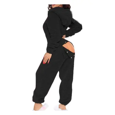 (Black, Small) Sexy Adult Onesie Pajamas For Women Butt Flap Fleece Hooded One Piece Pajamas Wom