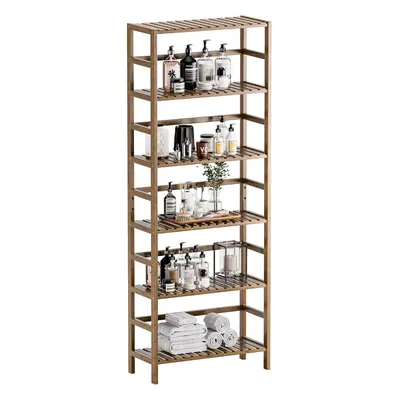 (Walnut) Bookcase, Bamboo Bookshelf, 6-Tier Adjustable Tall Open Book Shelf, Free Standing Stora