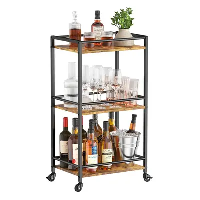 (Marble Particle Board, Black) Tea Serving Trolley on Lockable Wheels, Kitchen Cocktail Alcohol 