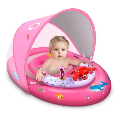 (Pink) Infant Swim Float with Sun Shield and Toy Console, Adjustable Safety Seat, Swim Float for