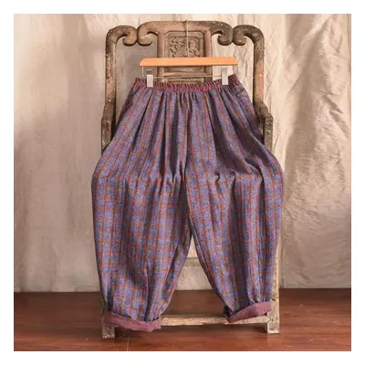 (purple, One Size) Johnature Women Plaid Straight Pants Spring Elastic Waist Vintage Loose All M