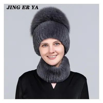 (dark grey) Jingerya Hot Sale Winter Women Luxury Real Fox Fur Hat Scarf Sets Lady Natural Rex R