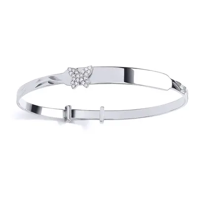 Jewelco London Kids Rhodium Plated Sterling Silver CZ Diamond-cut Butterfy ID Bar Expanding Baby