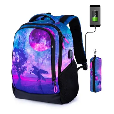 (purple, 17cm*30cm *40cm) Teen Girls Romantic Starry Sky Junior High School Backpack Teenagers G