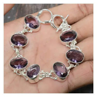 (purple, Inches) Amethyst Gemstone Handmade Solid Sterling Silver Bracelet For Thanksgiving