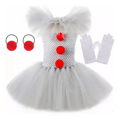 (Dress+Headband+Glove, 10-12Y) Kids Girls Pennywise Clown Fancy Dress Party Halloween Cosplay Co