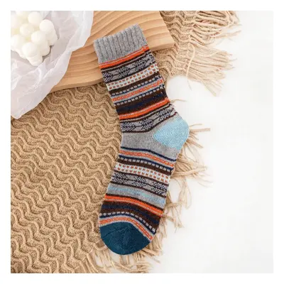 (Grey) Pairs Men Rabbit Fur Wool Blend Geometric Striped Jacquard Color-match Thicken Warmth Soc