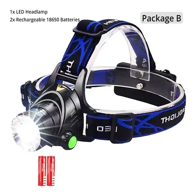 (L2-25000 Lumen, Package B) Powerful LED Headlamp USB DC Charging Headlight Waterproof Head Lamp