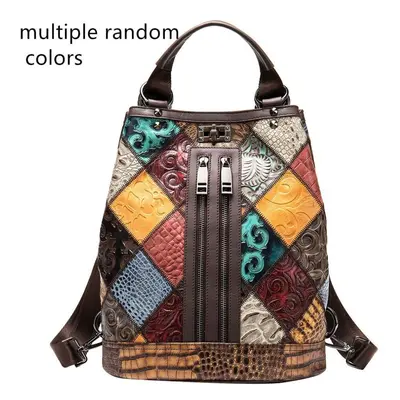 (multicolor) Genuine Leather Shoulder Bag Women Backpack Color Splicing Embossed Cowhide Outdoor