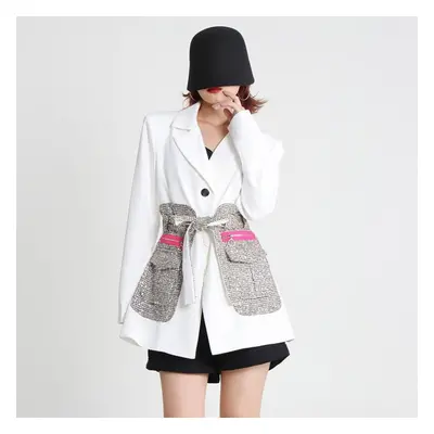 (white, L) Women&apos;s Casual Suit Jacket French Court Style Autumn V-neck Design Chic Loose Mi