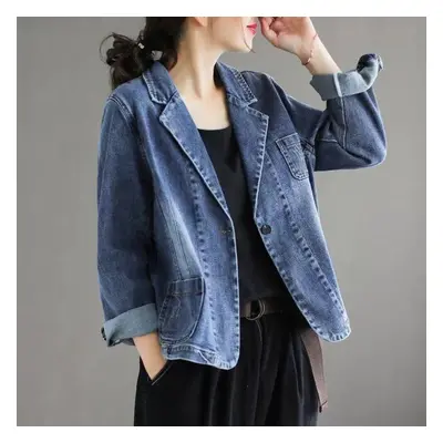 (as the picture, XL) Vintage Denim Blazer Jacket Women Retro Casual Loose Fit Coat For Autumn