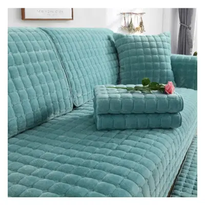 (green, 110x240cm) Solid Color Non-slip Sofa Cover Thickened Soft Plush Sofa Cushion Towel For L