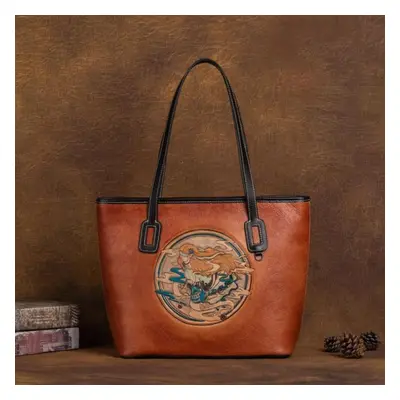 (brown, 38*28.5*12cm) Totem Embossing Vintage Design Women Handbags Genuine Leather Shoulder Bag