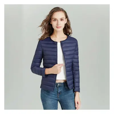 (navy blue, L) Women Autumn Winter Lightweight White Down Jacket Liner O Neck Slim Long Sleeve B