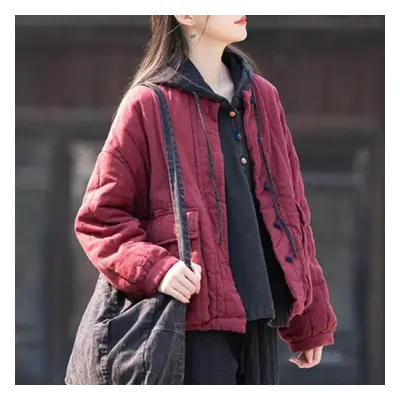 (burgundy, One Size) Johnature Women Vintage Linen Parkas Stand Long Sleeve Button Plus Cotton W