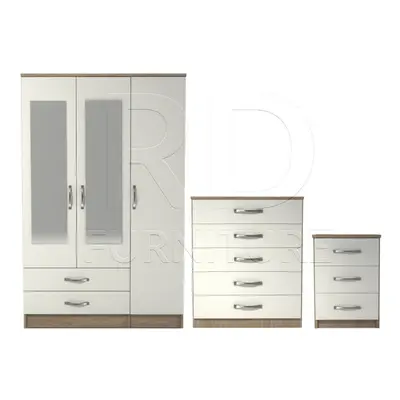 Ready assembled Pcs Classic Door Drawer Mirrored Wardrobe, Chest And Bedside Set Oak And White