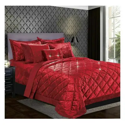 (Red, Super King) Luxury Crushed Santiago Velvet Bedspread Quilted Comforter Bed Throw Bedding S