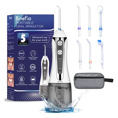 5 modes, Binefia rotating oral irrigator, IPX7 waterproof, 300ml and nozzles, water stream teeth