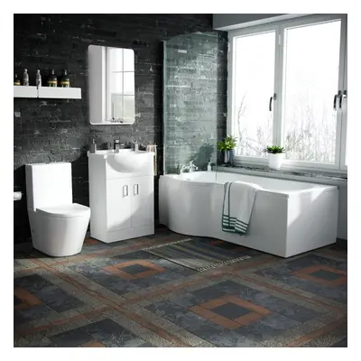 Warton P-Shaped Left Handed Bath, 550mm Vanity Basin Unit, WC Unit and Toilet Suite White