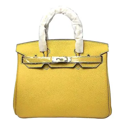 (Amber yellow, 20*15*10cm) Ladies Women Leather Handbag Birkin First Layer Cowhide Leather Tote 