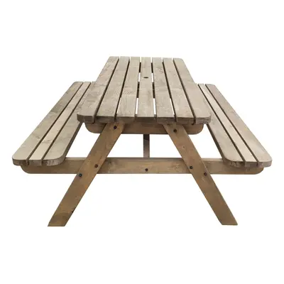 (6ft, Rustic Brown) Picnic Table and Bench Rounded Wooden Outdoor Garden Pub Style Furniture - F