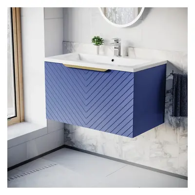 Nes Home 800mm Wall Hung Blue Drawers Basin Vanity Brushed Brass Handle