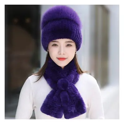 (purple, Good elasticity 52cm-60cm) Rex Rabbit Fur Hat Scarf Sets Women Winter Warm Luxury 100% 