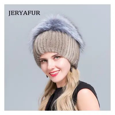 (gray,blue) Jeryafur Warm Real Natural Mink Fur Hat Female Mix Color Sliver Fox Fur Women Winter