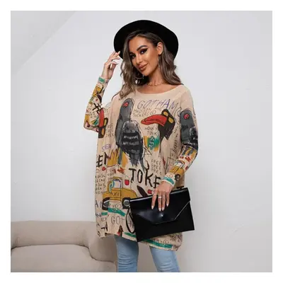 (apricot, One Size) Autumn Women&apos;s Knitwear Plus Size Cartoon Printed Sweater Long Sleeve C