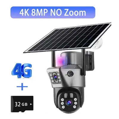 (4K No Zoom Add 32G) Solar Camera 4g Sim Card Outdoor Surveillance 6k Three Lens Digital Zoom Wi