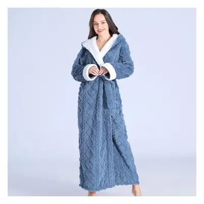 (M, blue) Danmo Loose Long Thick Bath Robe Hooded Winter Thick Women Bathrobe Flannel Terry Warm