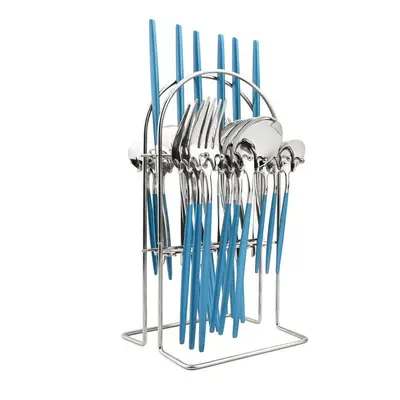 (blue,silver) 24pcs Mirror Western Cutlery Set With Luxury Cutlery Storage Rack Include Knife Fo