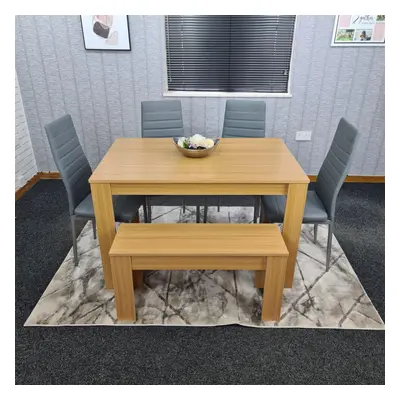 Dining Table and Chairs With Bench Oak Effect Wood Grey Leather Chairs Dining Room