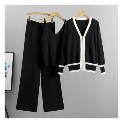 (black, One Size) Spring And Autumn Women&apos;s Knitted Set Slim Tide Knitted Cardigan Camisole