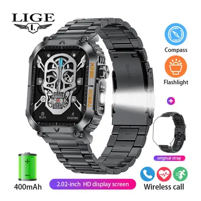 (black, steel strap) Lige Smart Watch With Led Lighting 2.02-inch Hd Square Screen Health Monito