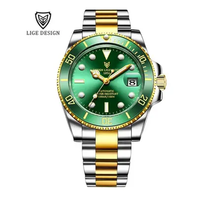 (gold,green) Lige New Watch Men Automatic Mechanical Tourbillon Clock Fashion Sport Diving Watch