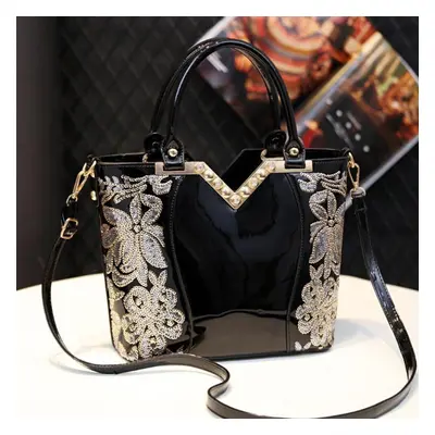 (black) Women&apos;s Bag Elegant Bright Leather Large Capacity Handbag Fashion Shoulder Bag Cros