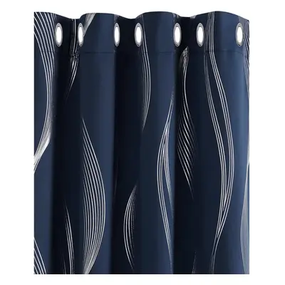 (W 66" x 90" (2 Panels), Navy Blue) Blue Blackout Curtains Wave Line Foil Printed Blackout Curta