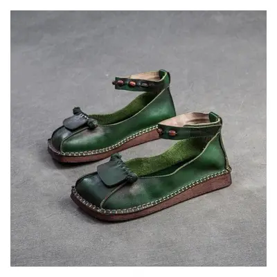 (green, 40) Johnature Retro Flat Shoes Genuine Leather Comfortable Square Toe Shallow Versatile 