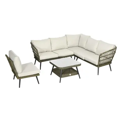 Outsunny Rattan Corner Sofa, Rattan Garden Furniture w/Glass Top Two-tier Table