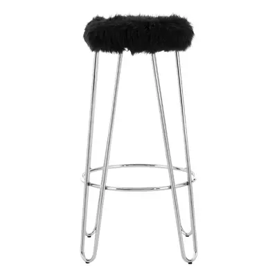 Versatile Chrome Metal and Black Faux Fur Bar Stool, Hairpin Round Stool, Plush Stool for Kitche