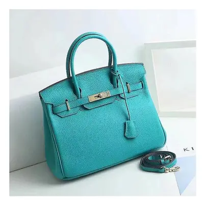 (Lake green, 30*23*16cm) Ladies Women Leather Handbag Birkin First Layer Cowhide Leather Tote Ba