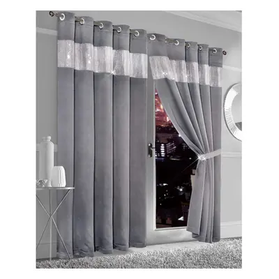 (W 90" x 90" (2 Panels), Silver) Diamante Blackout Eyelet Curtains With Tie Backs Black Out Ther