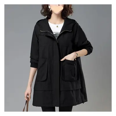 (black, XXXXL) Women&apos;s Mid-length Loose Spring And Autumn Wear Korean Windbreaker Large Cap