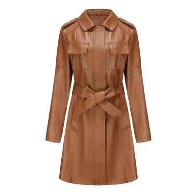 (camel, M) Women's Trench Coats Faux Leather Zipper Long Jackets With Belt Pockets Slim Fit Pu W