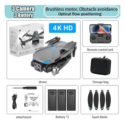 (grey, 4K 3B) New Ae7 Brushless Drone Hd 8k Triple Camera Wifi Fpv 6-level Wind Resistance Obsta